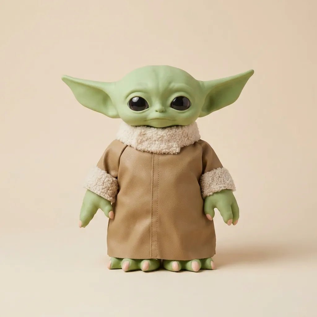 A collectible figurine of Grogu / The Child from The Mandalorian, featuring green skin, large black eyes, and a tan robe with cream sherpa lining, set against a solid beige background.