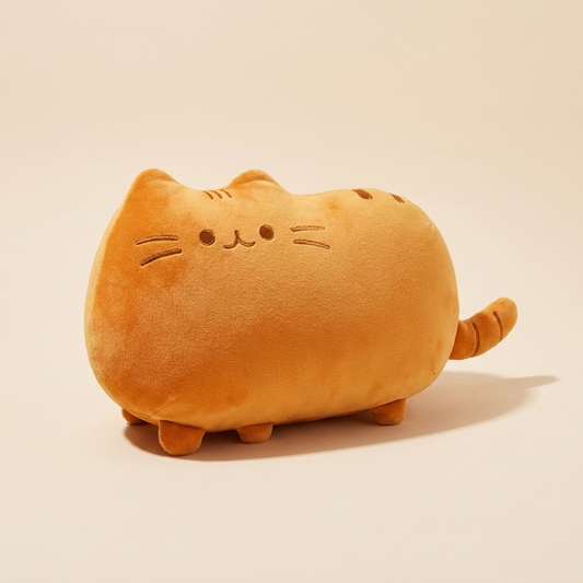 A plush cat-shaped pillow in a warm golden-orange color, featuring embroidered facial features and a short tail, photographed on a clean, solid light beige background.