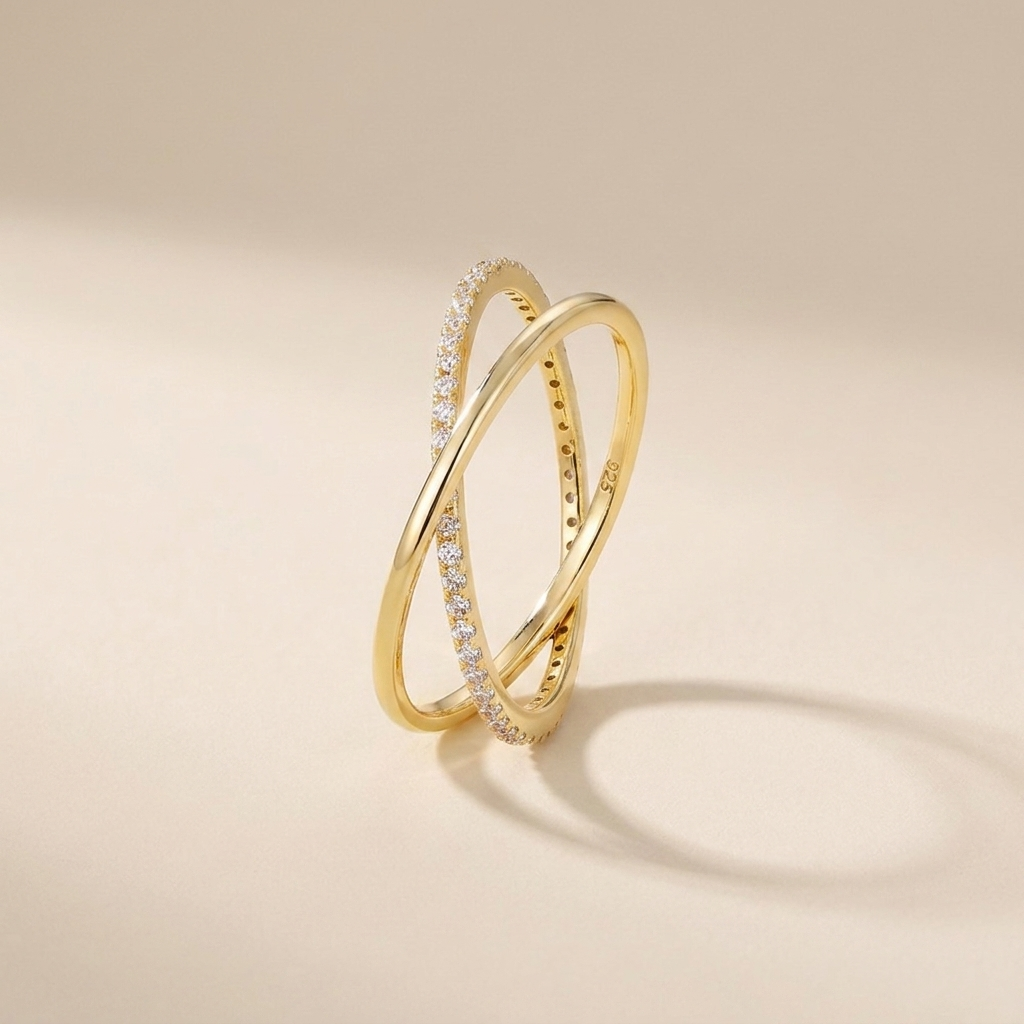 Crisscross Pavé X Ring – 925 Sterling Silver, Gold Plated