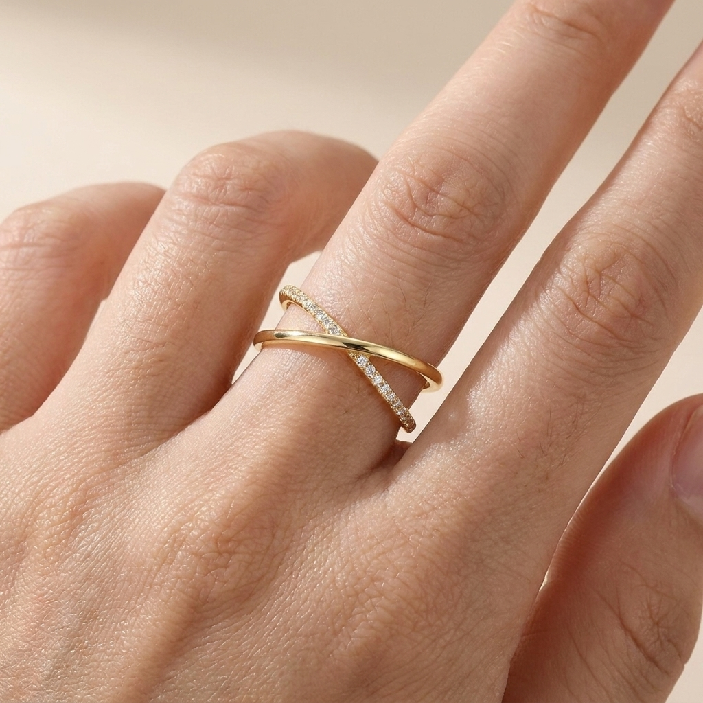 Crisscross Pavé X Ring – 925 Sterling Silver, Gold Plated