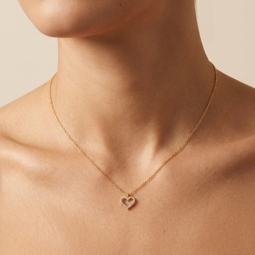 Open Heart Pavé Necklace – 925 Sterling Silver, Gold Plated