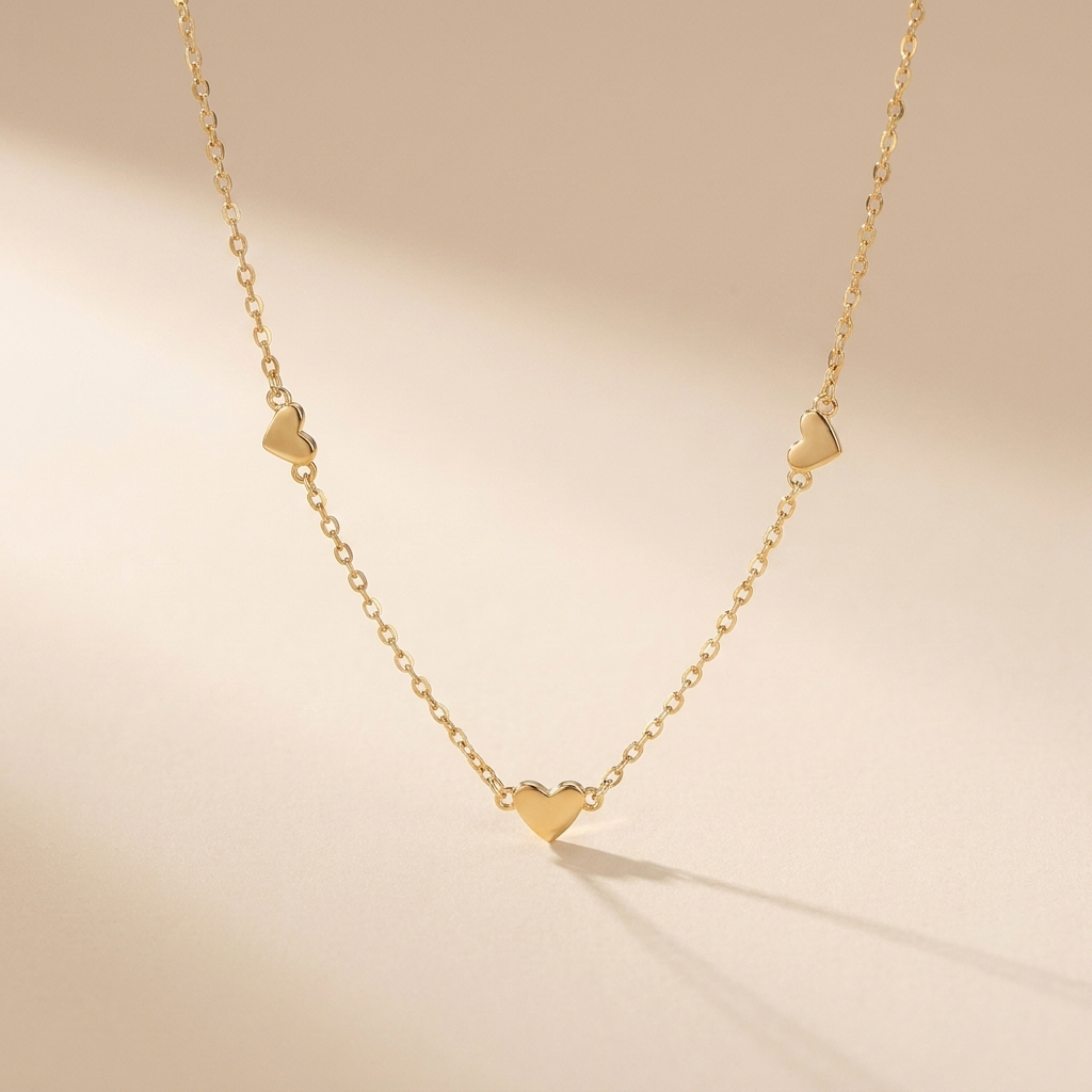 Mini Heart Station Necklace – 925 Sterling Silver, Gold Plated
