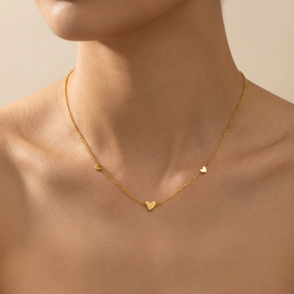 Mini Heart Station Necklace – 925 Sterling Silver, Gold Plated
