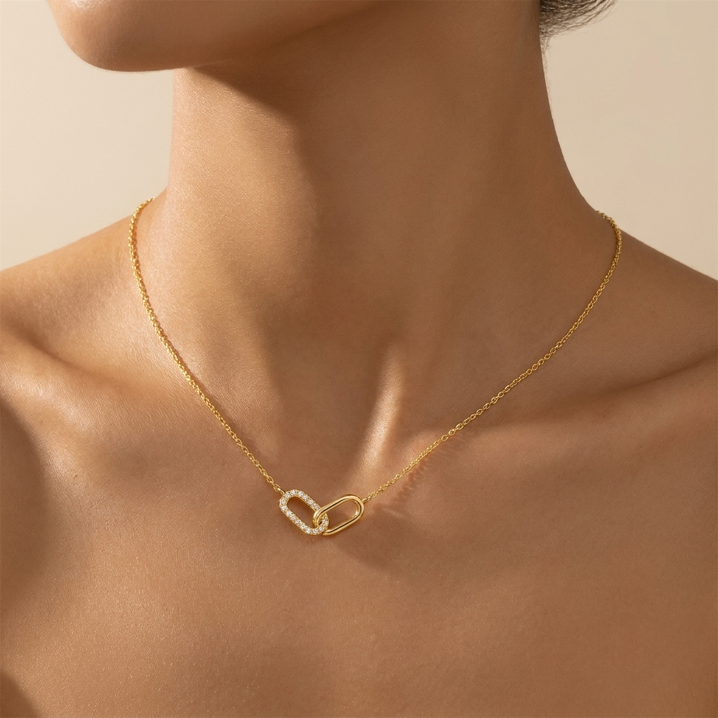 Pavé Interlocking Link Necklace – 925 Sterling Silver, Gold Plated