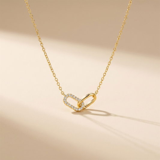 Pavé Interlocking Link Necklace – 925 Sterling Silver, Gold Plated