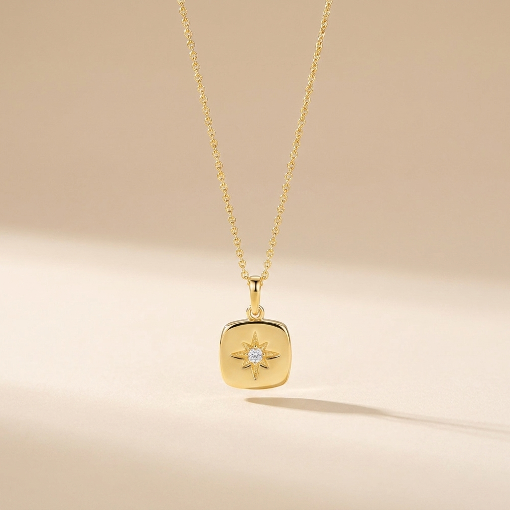 Starburst Compass Pendant Necklace - Gold Plated 925 Sterling Silver