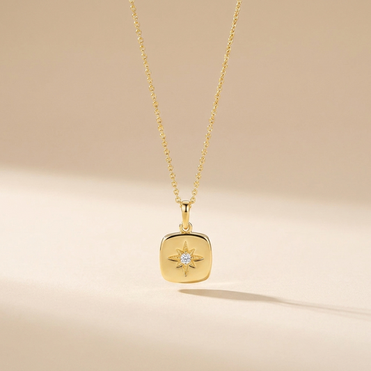 Starburst Compass Pendant Necklace - Gold Plated 925 Sterling Silver