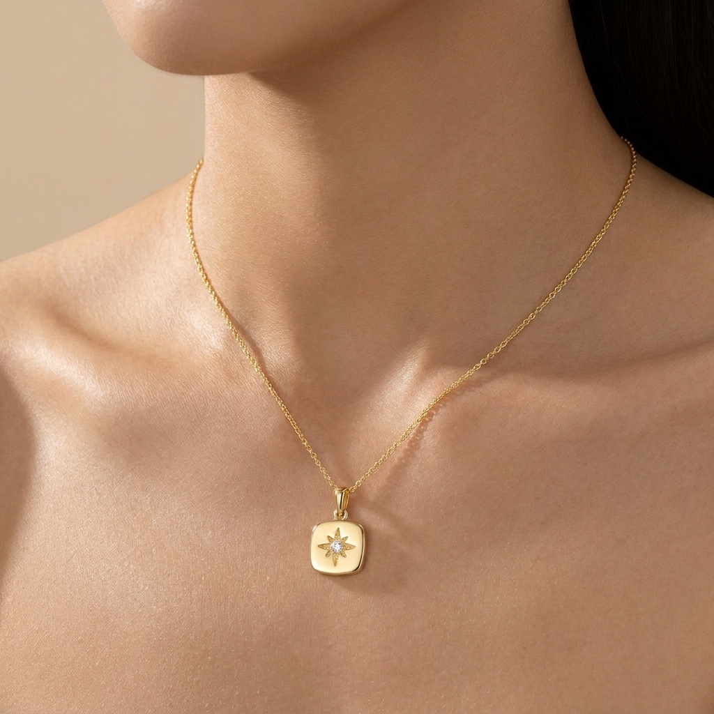 Starburst Compass Pendant Necklace - Gold Plated 925 Sterling Silver