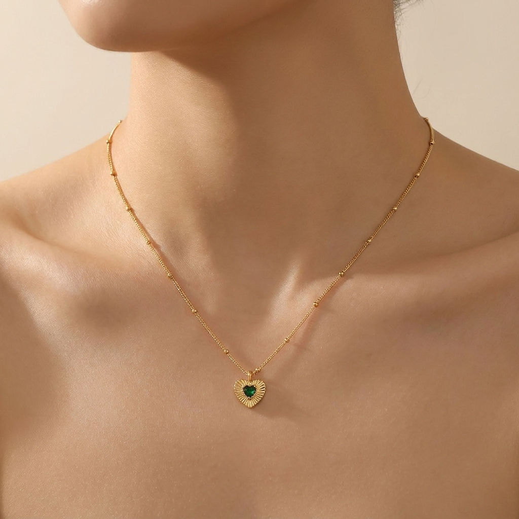 Sunburst Emerald Heart Pendant Necklace - Gold Plated 925 Sterling Silver