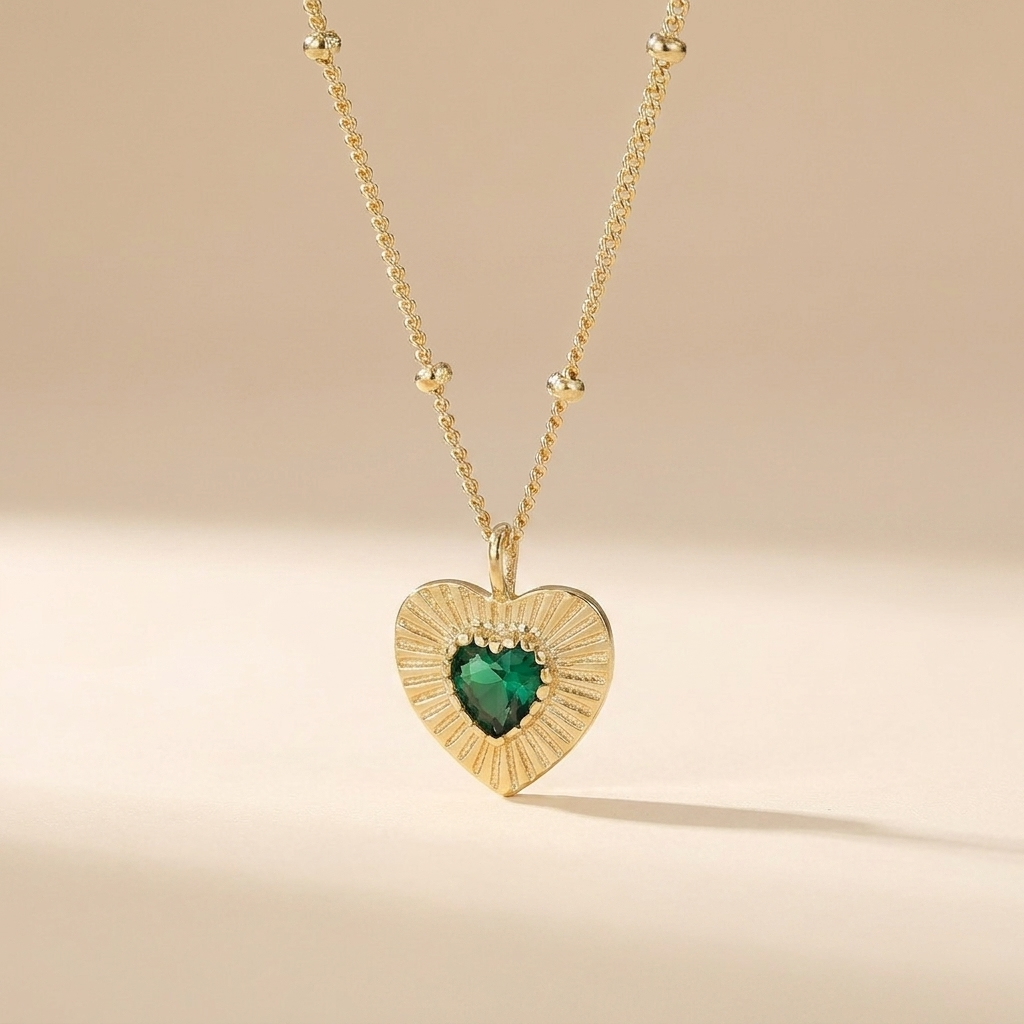 Sunburst Emerald Heart Pendant Necklace - Gold Plated 925 Sterling Silver