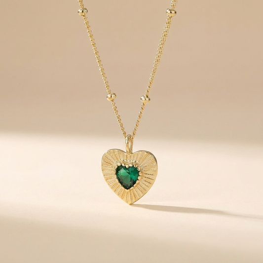 Sunburst Emerald Heart Pendant Necklace - Gold Plated 925 Sterling Silver