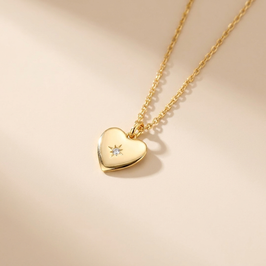 Polished Heart Star Pendant Necklace - Gold Plated 925 Sterling Silver