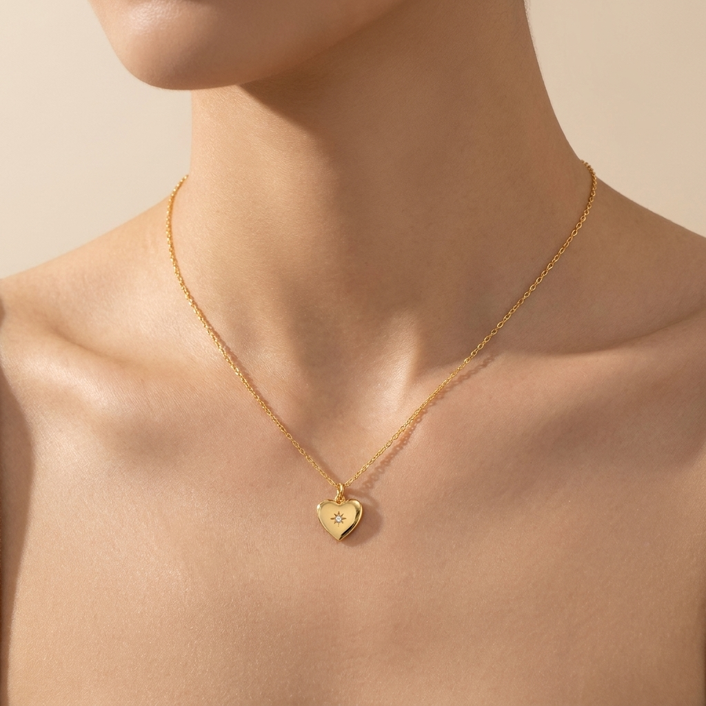 Polished Heart Star Pendant Necklace - Gold Plated 925 Sterling Silver