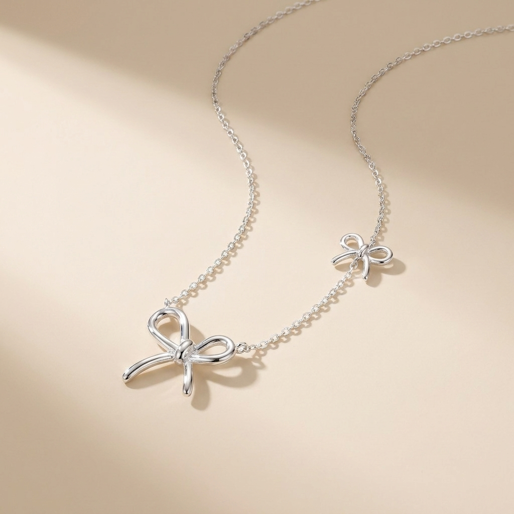 Double Bow Charm Necklace - 925 Sterling Silver