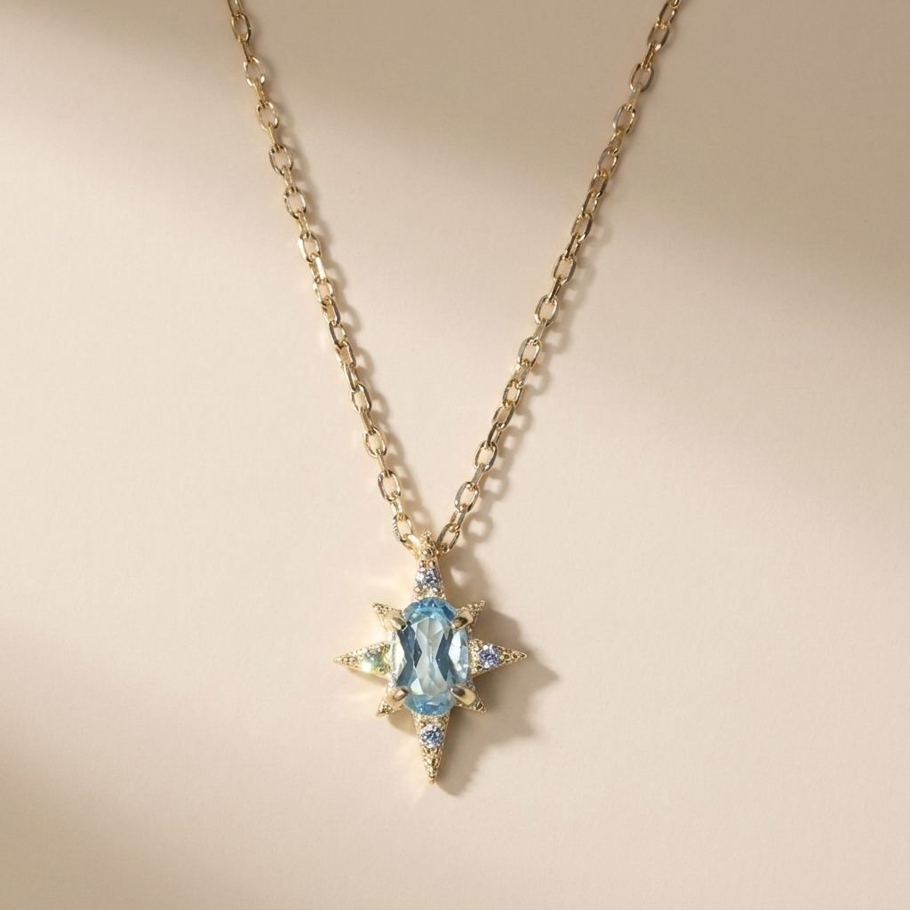 Blue Topaz Starburst Pendant Necklace - Gold Plated 925 Sterling Silver