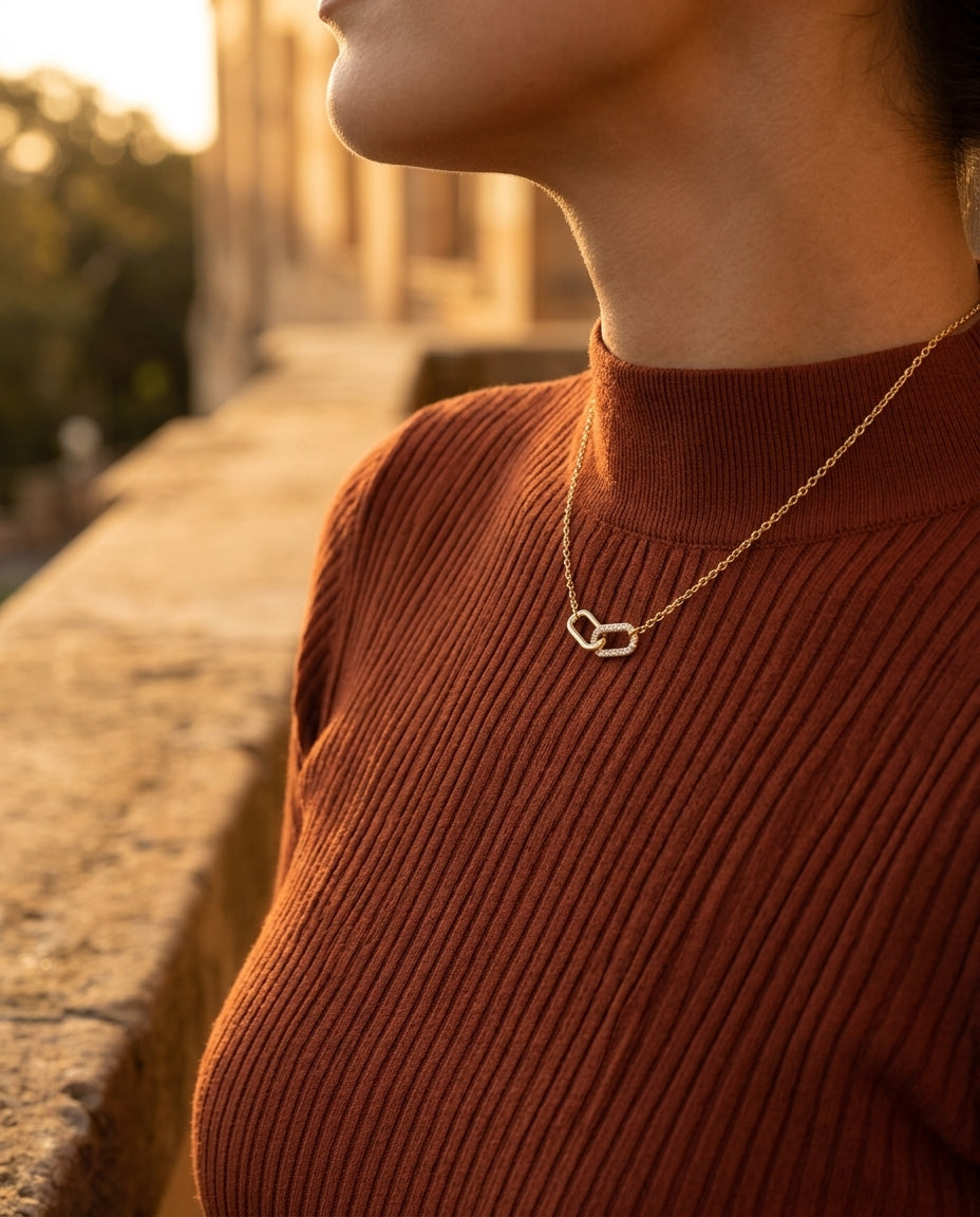 Pavé Interlocking Link Necklace – 925 Sterling Silver, Gold Plated