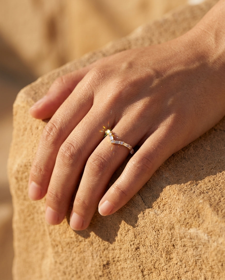 Baguette Chevron Ring – 925 Sterling Silver, Gold Plated