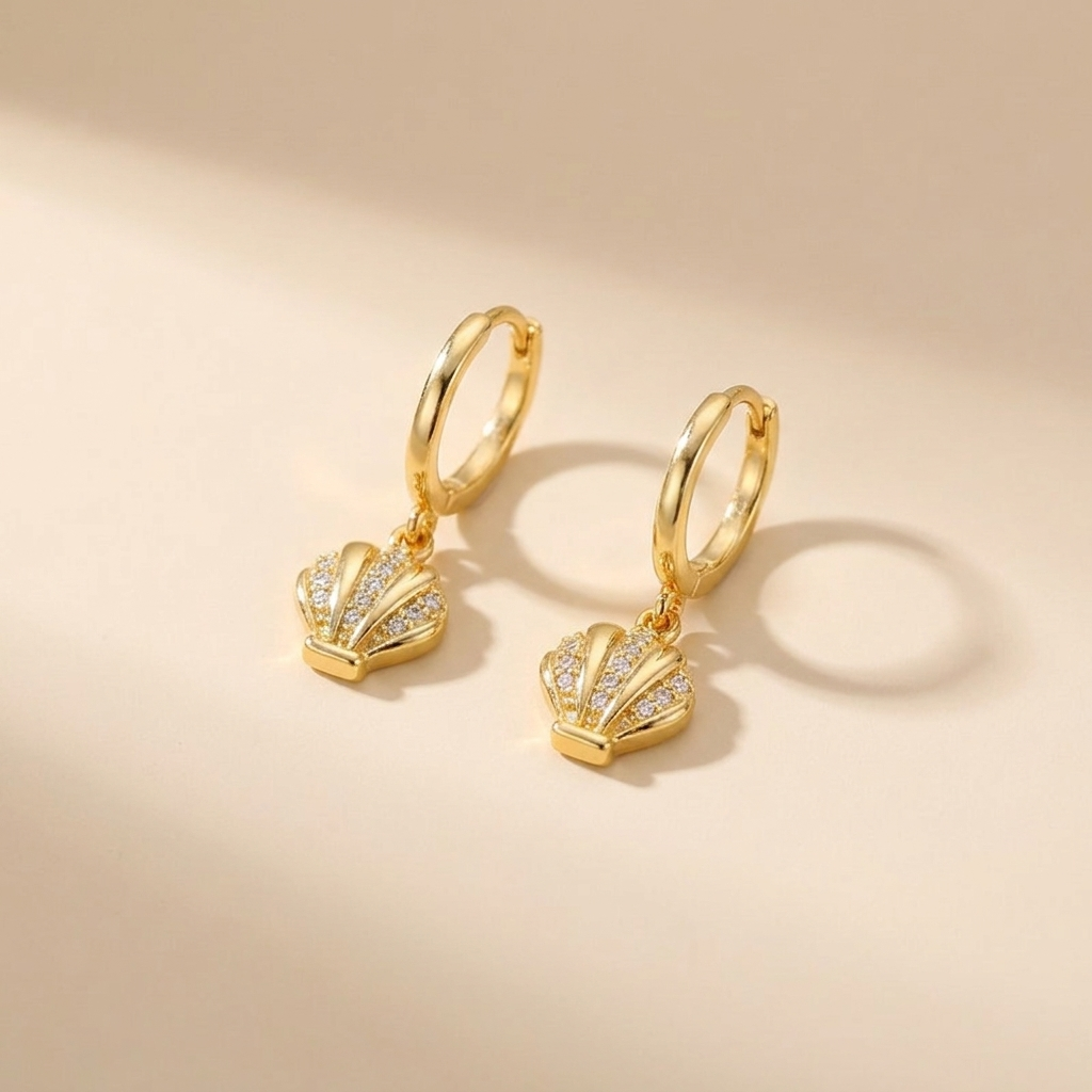Pavé Seashell Huggie Hoop Earrings – Gold Plated 925 Sterling Silver