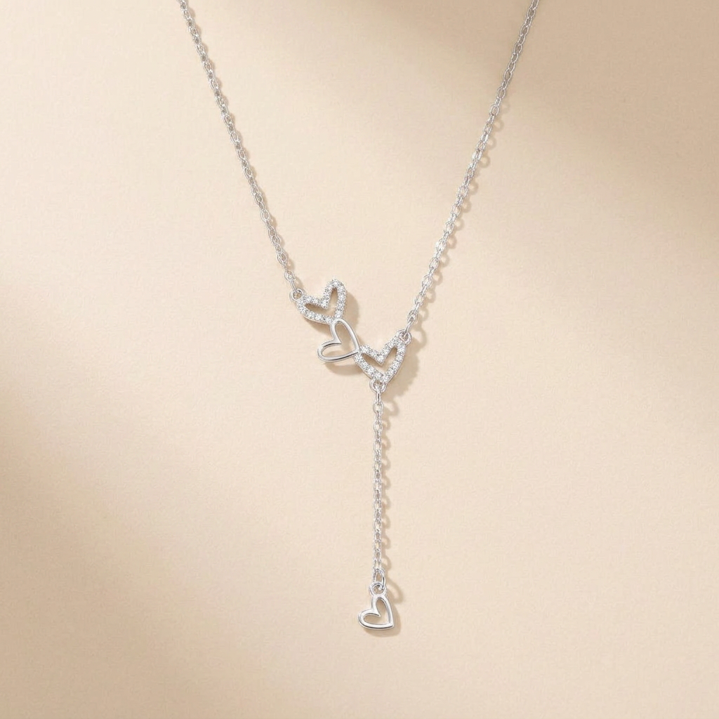 Interlocking Heart Lariat Necklace - 925 Sterling Silver