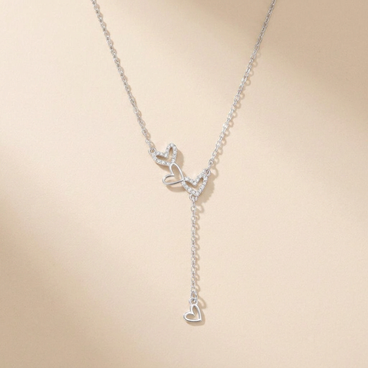 Interlocking Heart Lariat Necklace - 925 Sterling Silver