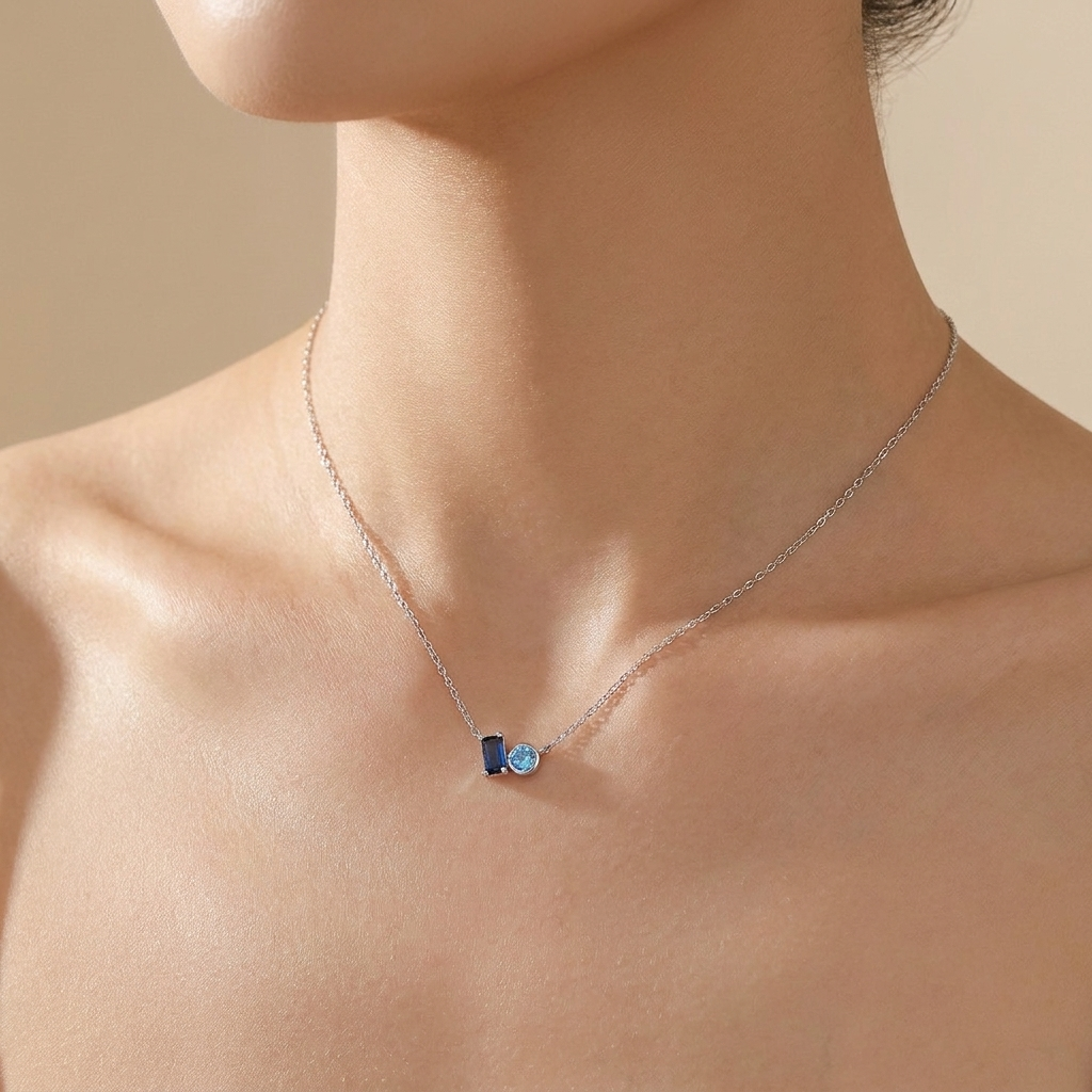 Blue Baguette & Round Duo Necklace - 925 Sterling Silver