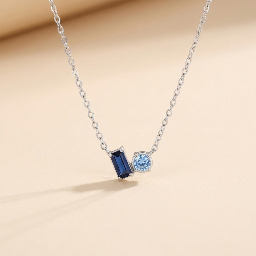 Blue Baguette & Round Duo Necklace - 925 Sterling Silver
