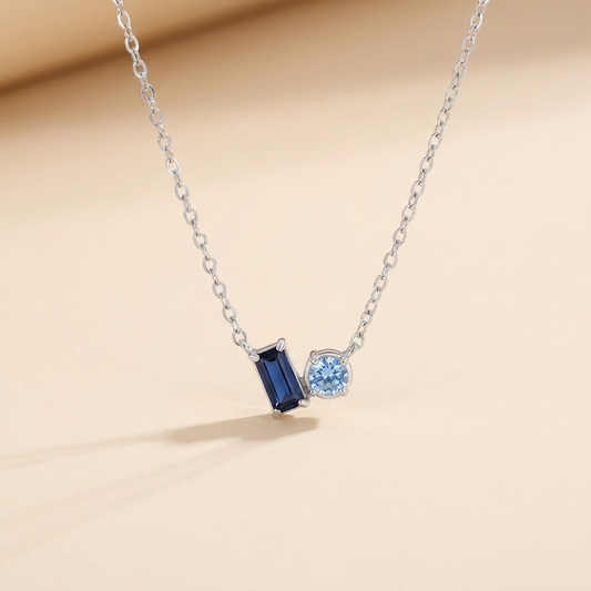 Blue Baguette & Round Duo Necklace - 925 Sterling Silver