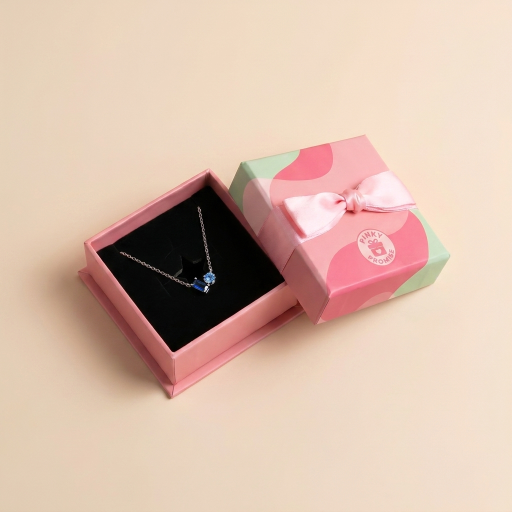 Blue Baguette & Round Duo Necklace - 925 Sterling Silver