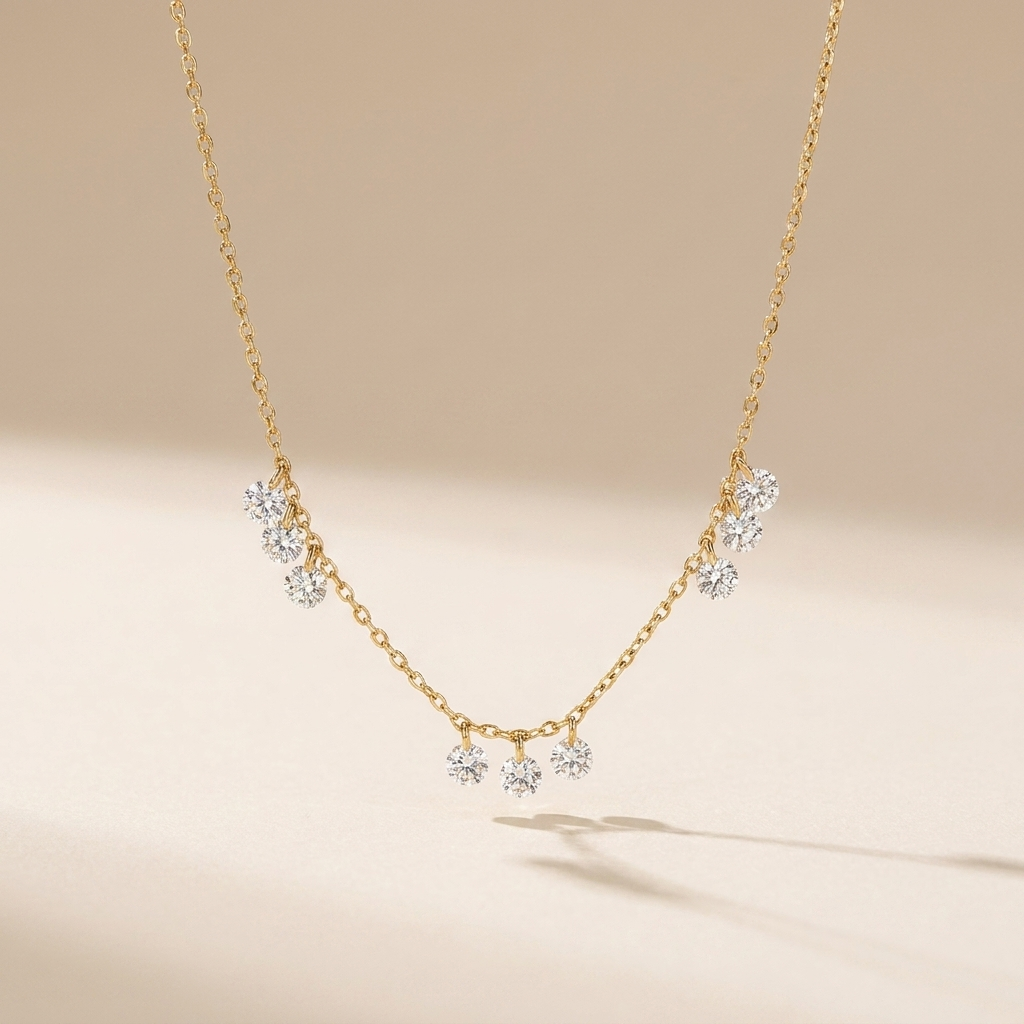 Floating Cluster Station Necklace - Gold Plated 925 Sterling Silver