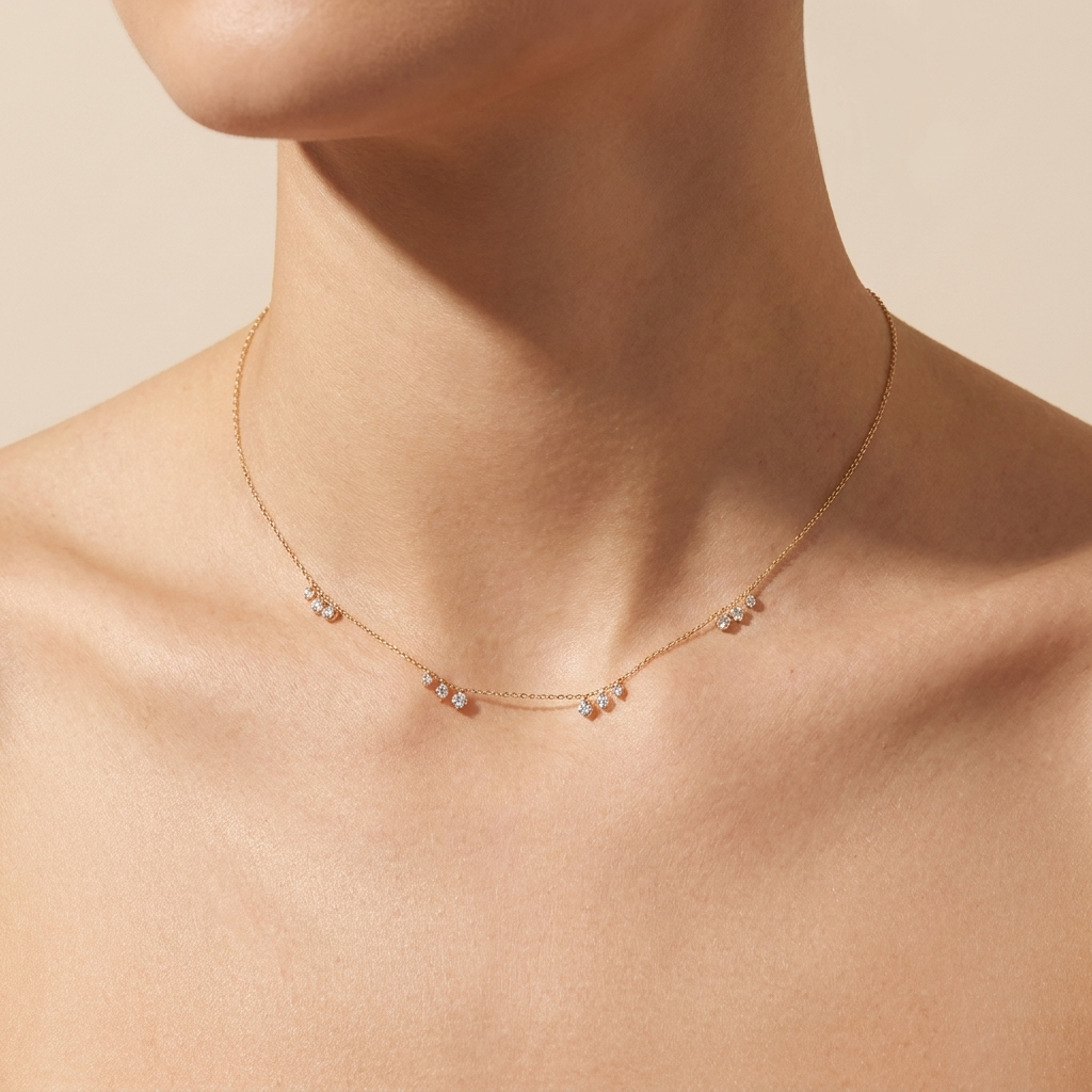 Floating Cluster Station Necklace - Gold Plated 925 Sterling Silver