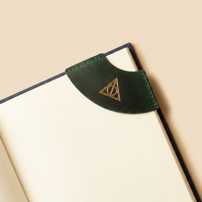 Harry Potter Leather Corner Bookmark – Green & Gold Deathly Hallows Book Marker