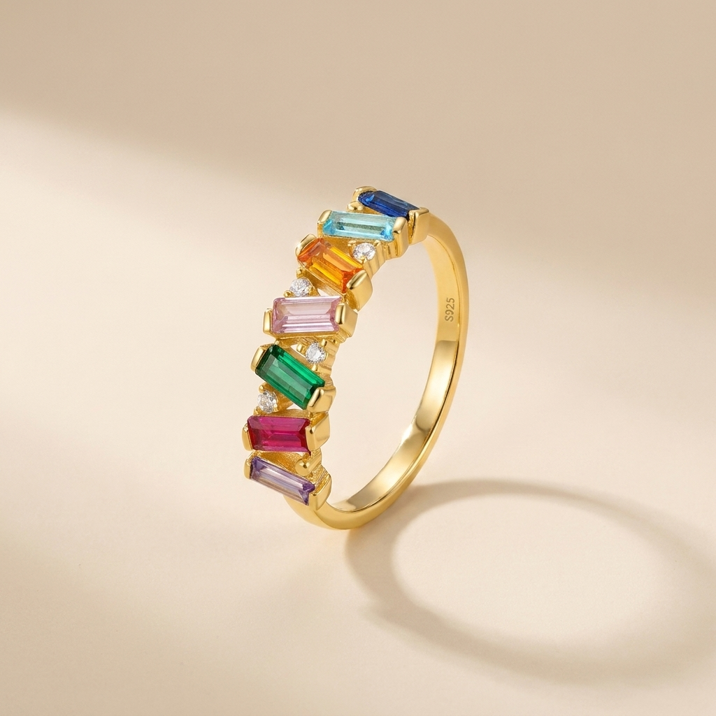 Rainbow Baguette Zigzag Ring - Gold Plated 925 Sterling Silver