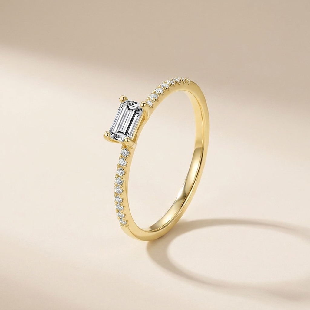 Baguette Solitaire Pavé Ring - Gold Plated 925 Sterling Silver