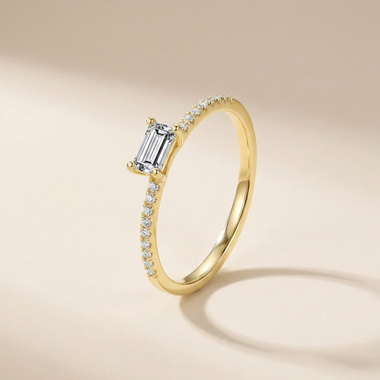 Baguette Solitaire Pavé Ring - Gold Plated 925 Sterling Silver