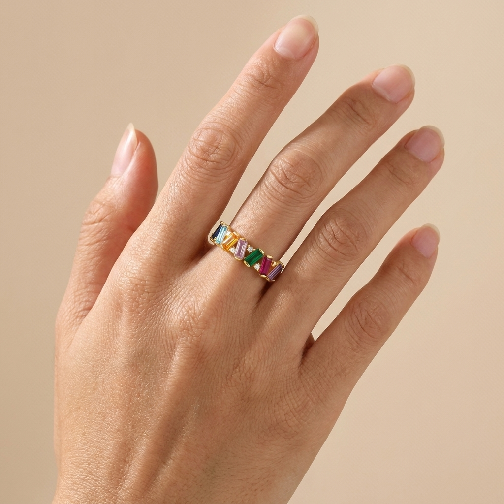 Rainbow Baguette Zigzag Ring - Gold Plated 925 Sterling Silver
