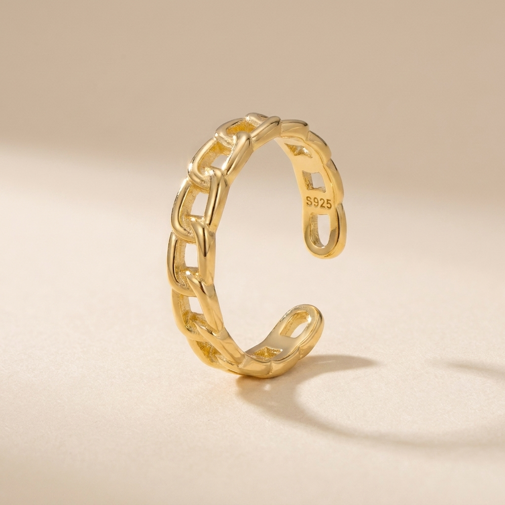 Chain Link Adjustable Ring - Gold Plated 925 Sterling Silver