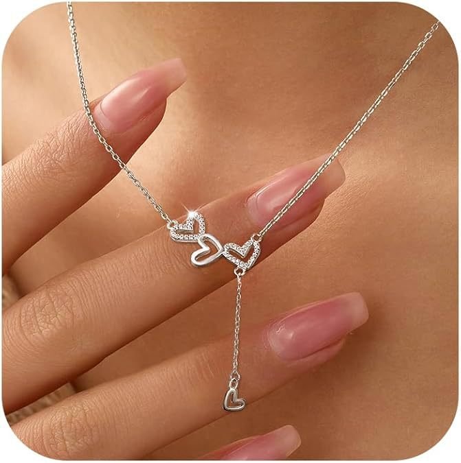Interlocking Heart Lariat Necklace - 925 Sterling Silver - Close Up | Pinky Promise