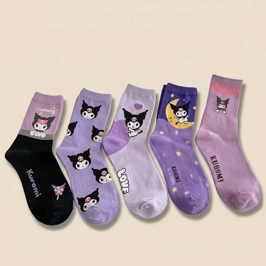 Five pairs of Kuromi-themed crew socks in various colors and patterns, arranged in a fan shape on a light beige background.
